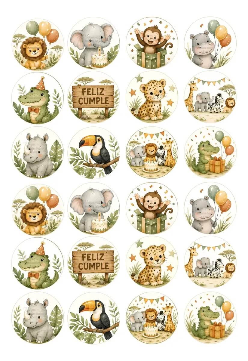 Lámina comestible para galletas Animales Selva Sabana León Elefante